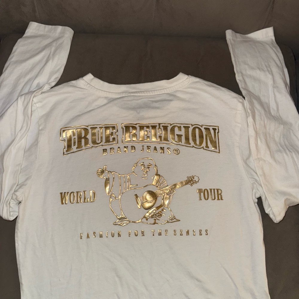 True Religion White and Gold Graphic Tee M 10/12